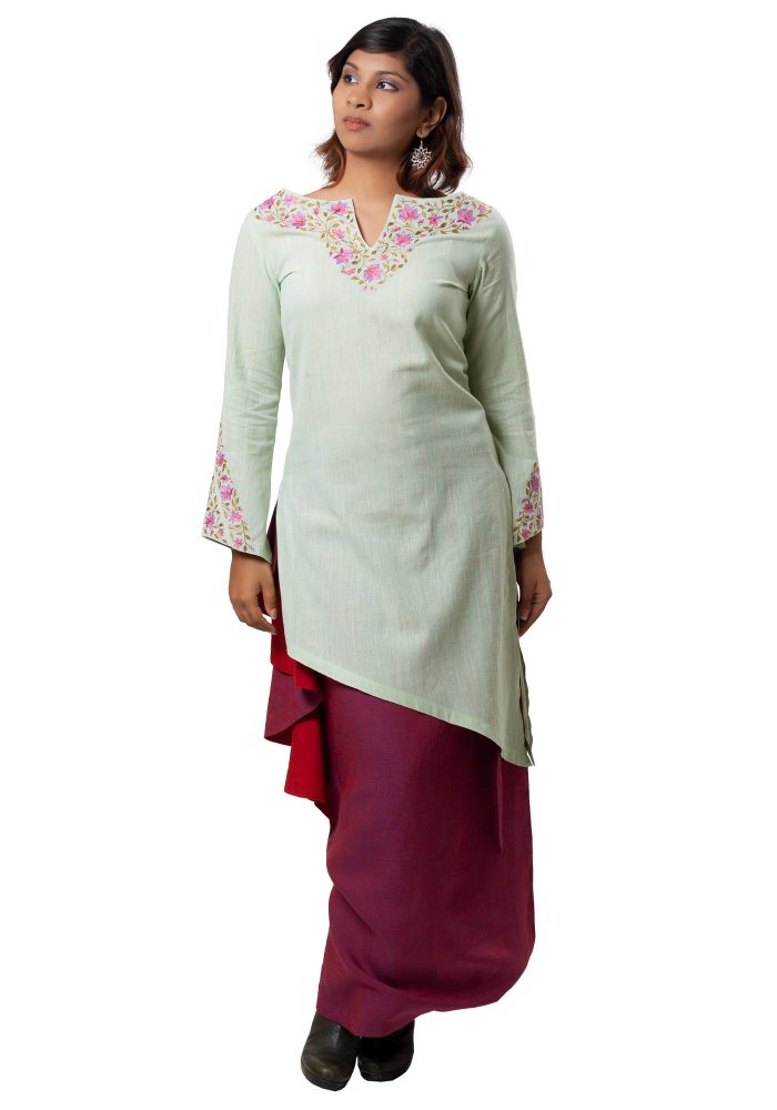 MINC Ecofashion Floral Embroidered Long Kurta in Green Khadi Cotton