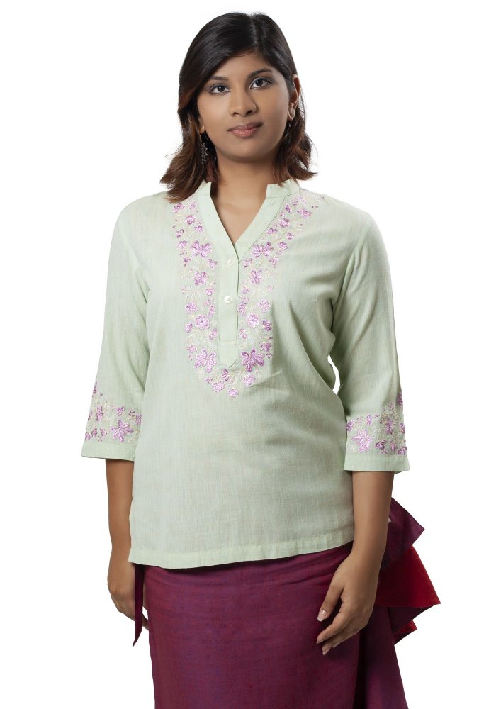 MINC Ecofashion Heri Green Embroidered Top in Khadi Cotton