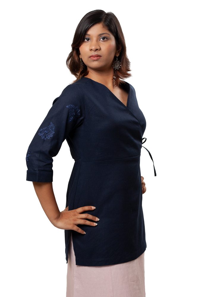 MINC Ecofashion Womens Daywear Asymmetric Embroidered Tie Top in Navy Blue Cotton