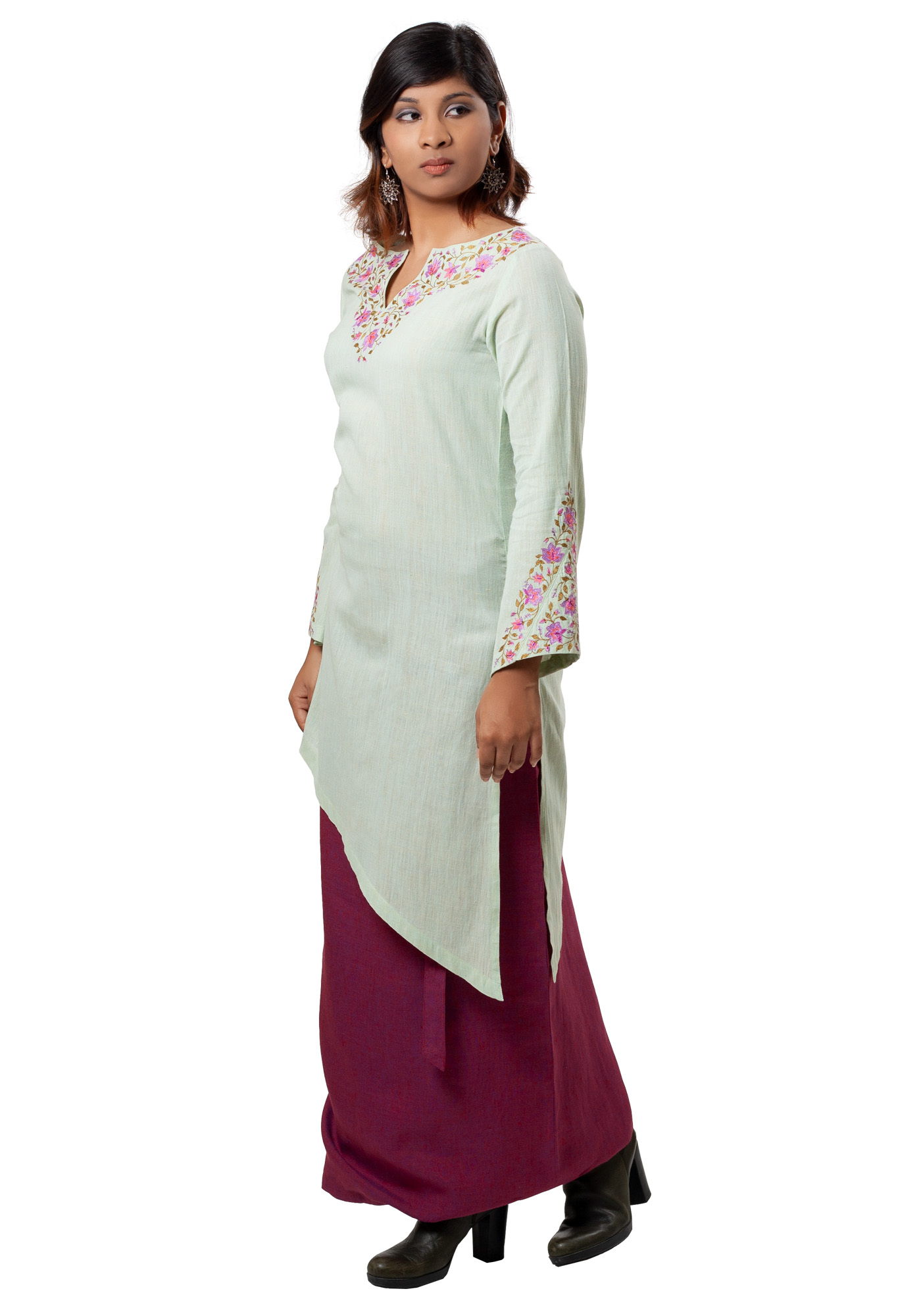 MINC Ecofashion Womens Daywear Floral Embroidered Long Kurta in Green Khadi Cotton