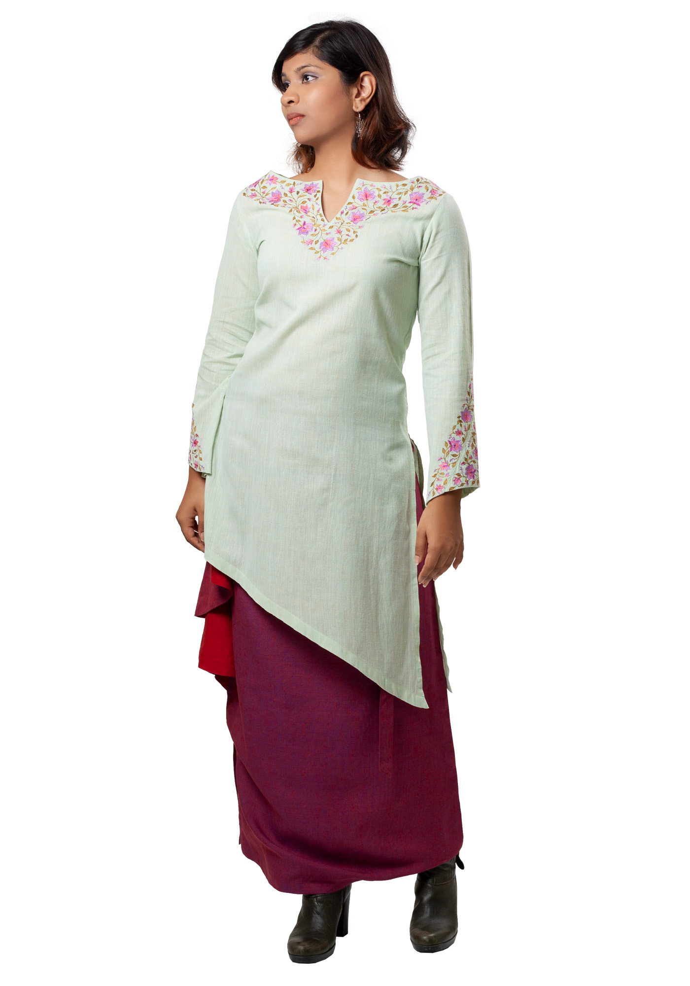 MINC Ecofashion Womens Floral Embroidered Long Kurta in Green Khadi Cotton