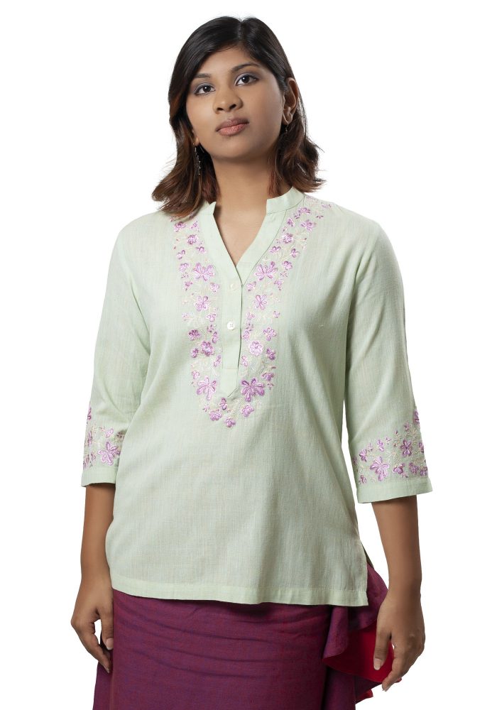MINC Ecofriendly Heri Green Embroidered Top in Khadi Cotton