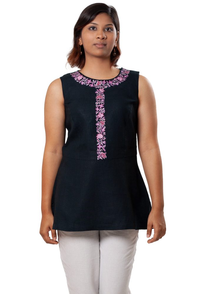 MINC Embroidered Sleeveless Tunic in Black Linen