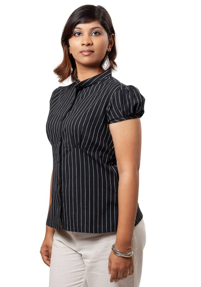 MINC Puff Sleeve Formal Shirt In Pinstripe Black Cotton