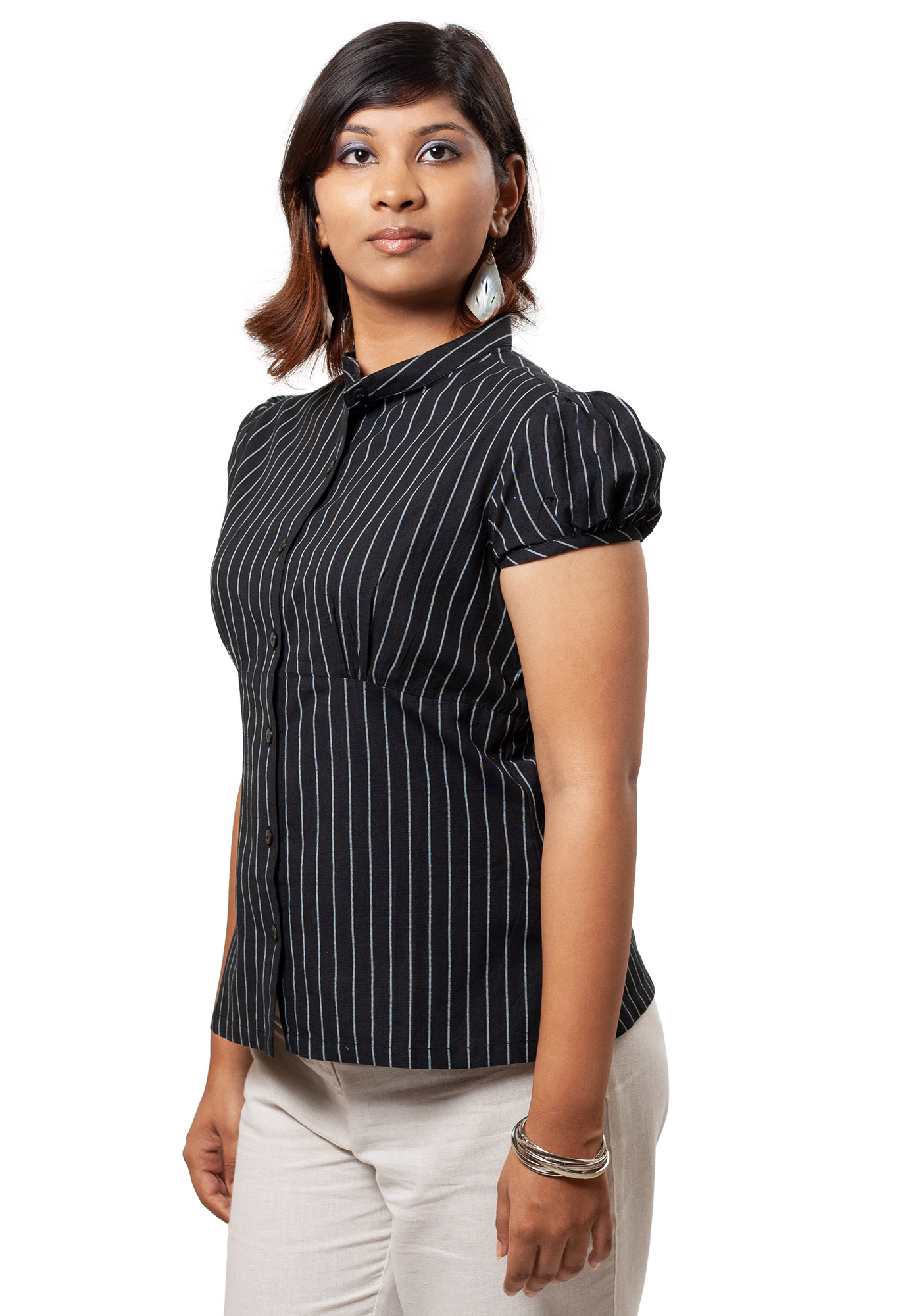 MINC Puff Sleeve Formal Shirt In Pinstripe Black Cotton