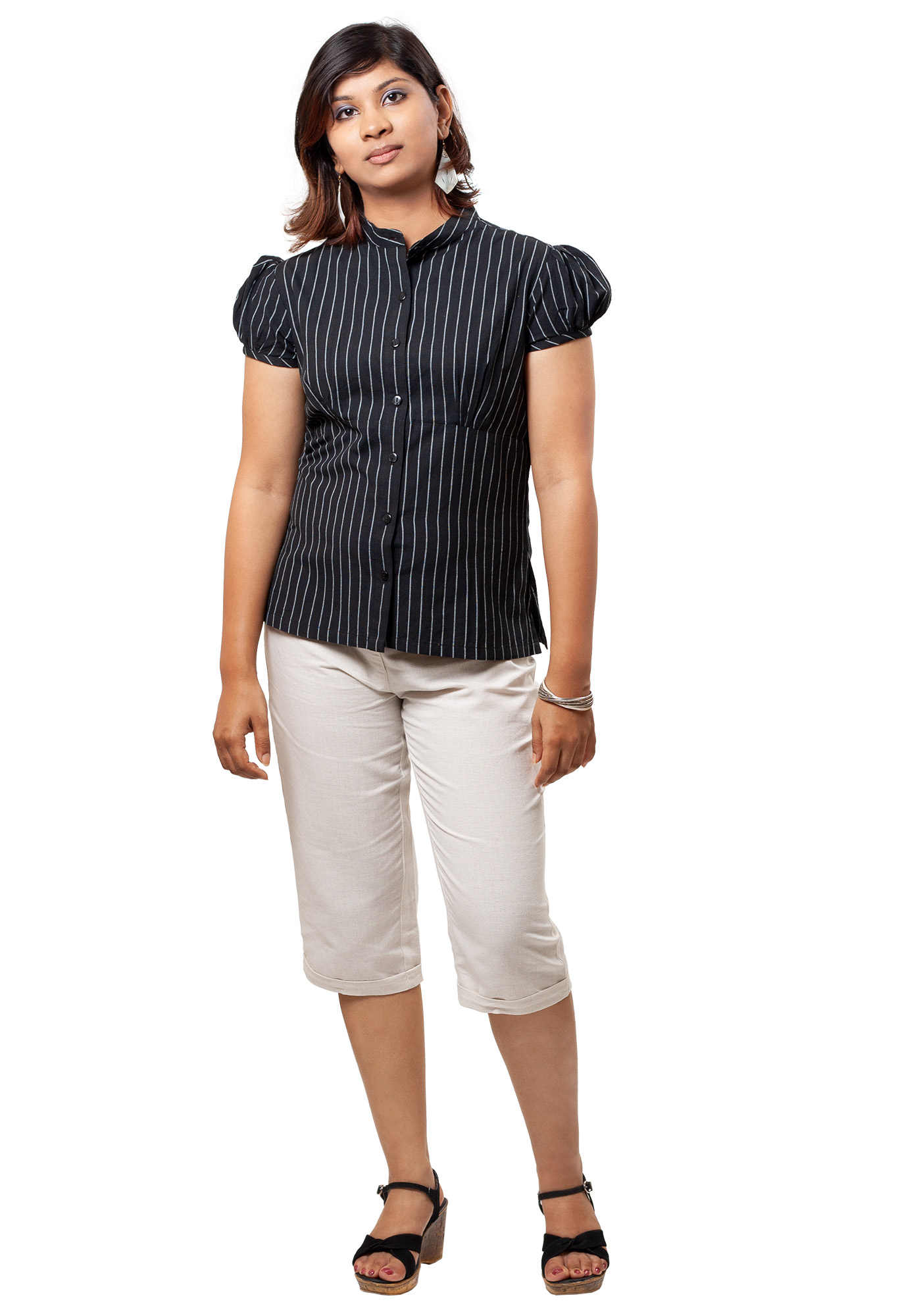 MINC Puff Sleeve Shirt In Pinstripe Black Cotton