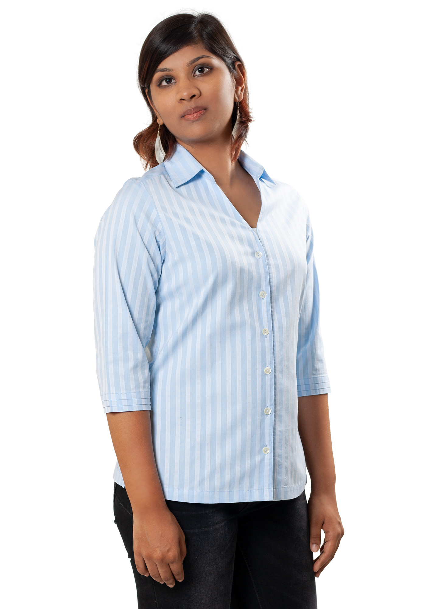 MINC Womens Classic Striped Blue Cotton Shirt