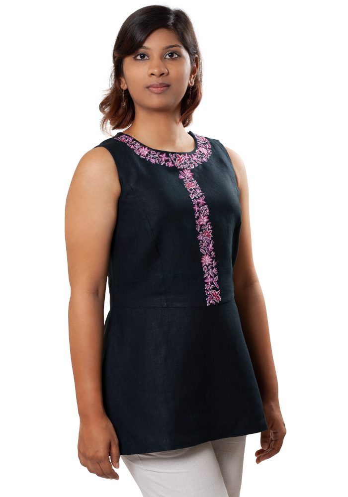 MINC eco friendly Embroidered Sleeveless Tunic in Black Linen