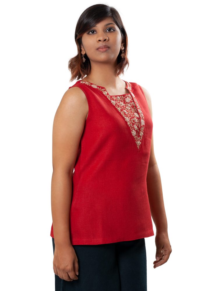 MINC ecofashion Gilly Embroidered Linen Top in Red