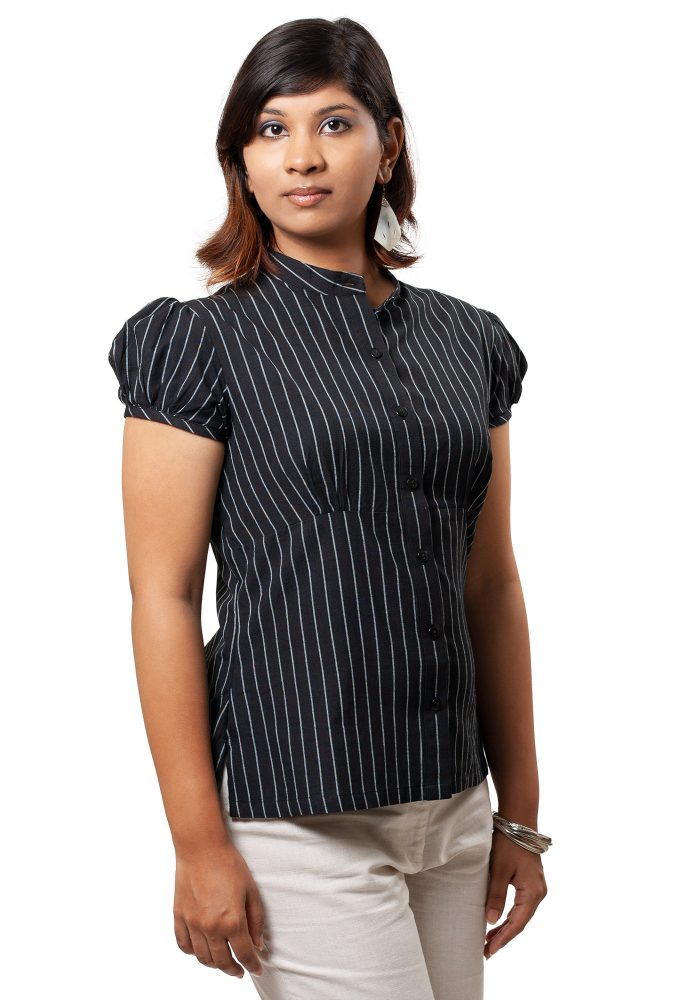 MINC ecofashion Puff Sleeve Shirt In Pinstripe Black Cotton