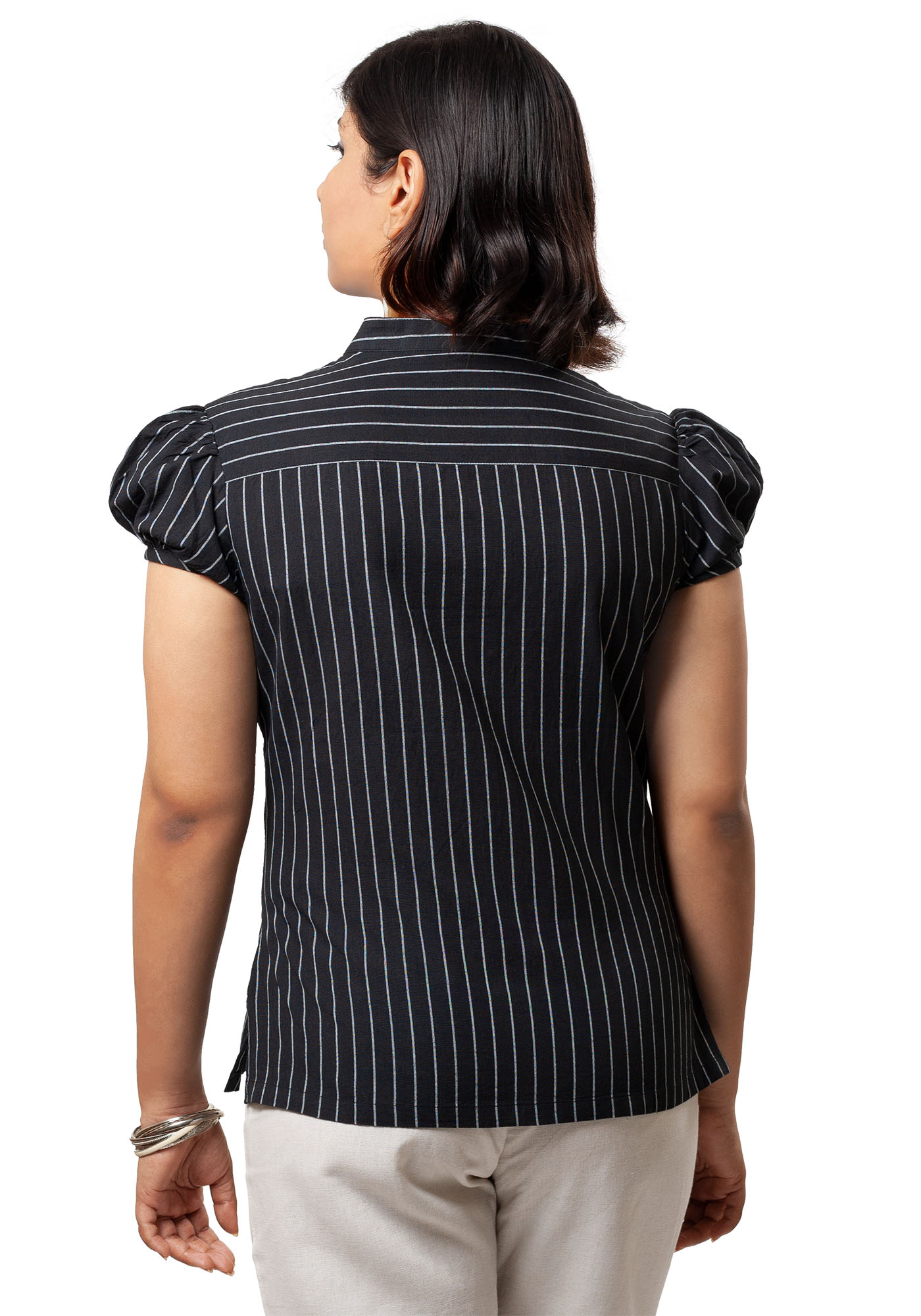 MINC ecofashione Womens Puff Sleeve Shirt In Pinstripe Black Cotton