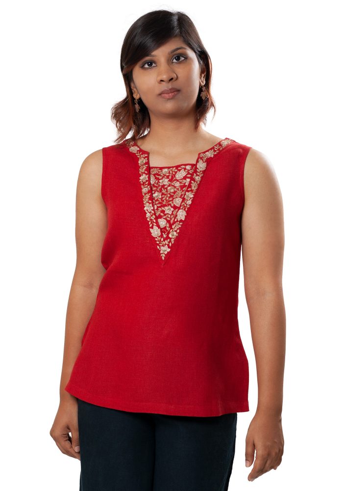 MINC ecofriendly womens high fashion Gilly Embroidered Linen Top in Red