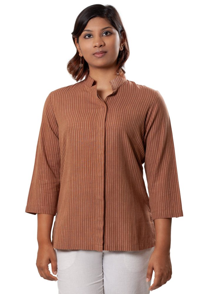 MINC Asymmetric Striped Brown Khadi Cotton Shirt