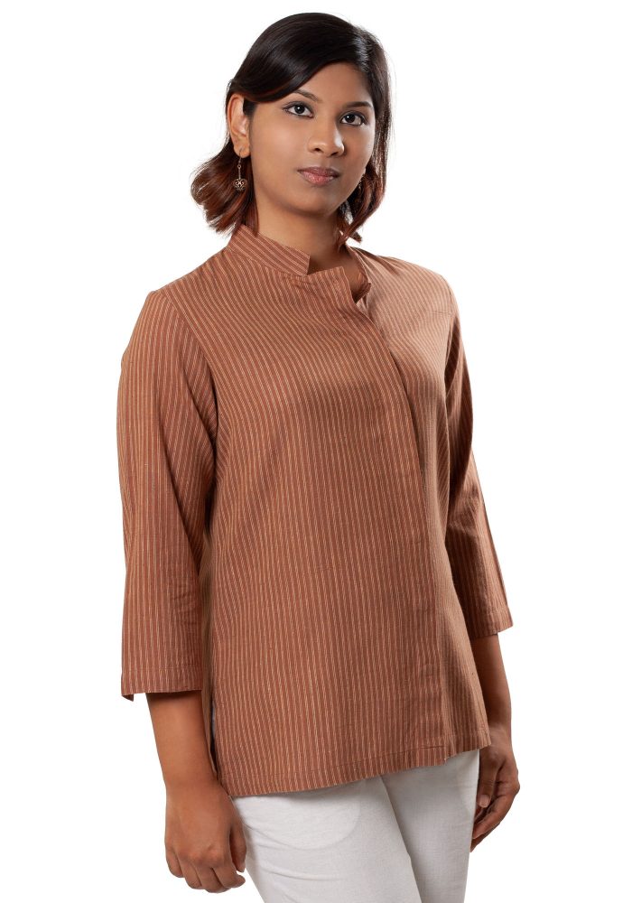 MINC Eco Fashion Asymmetric Striped Brown Khadi Cotton Shirt