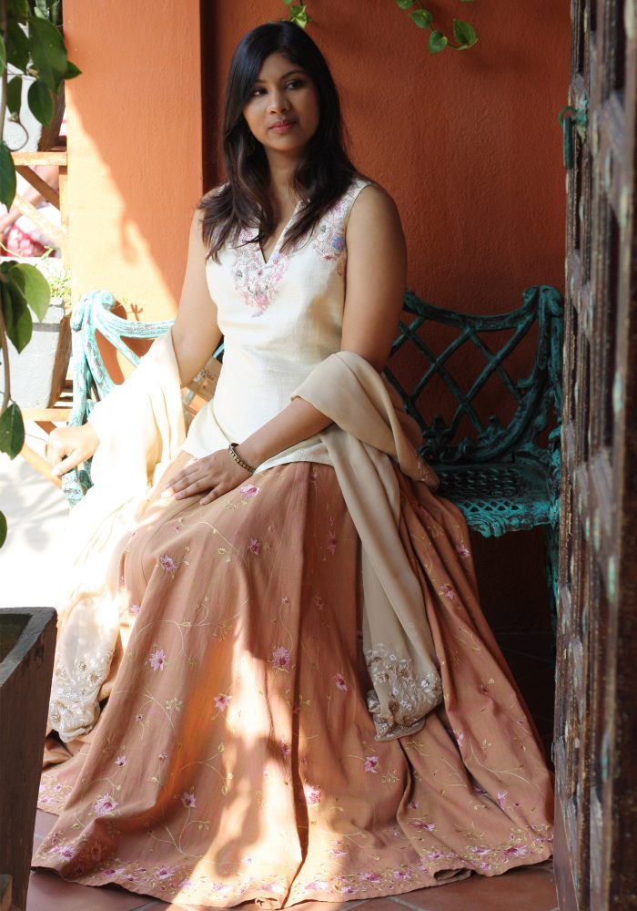 MINC Hand Embroidered Brown Linen Silk Lehenga