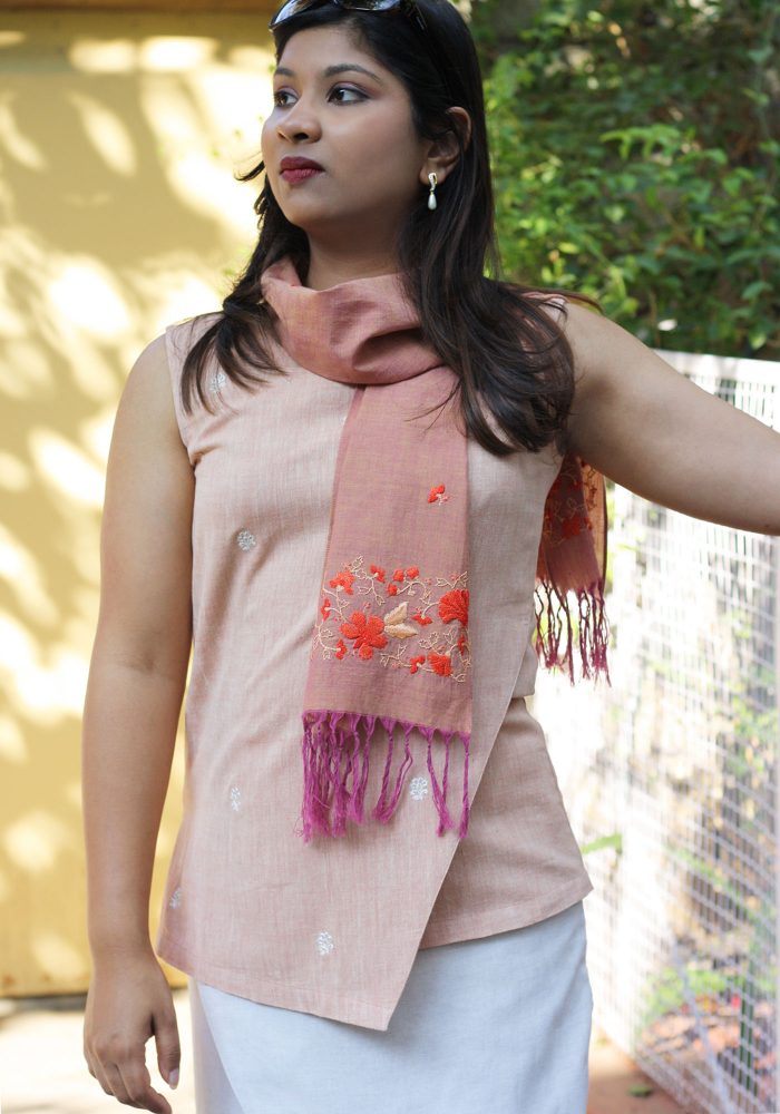 MINC Orange Blossoms Hand Embroidered Khadi Cotton Scarf