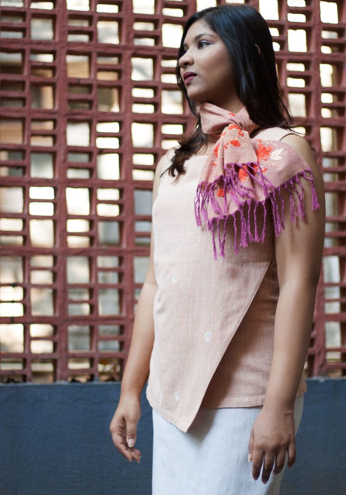 MINC eco fashion Orange Blossoms Hand Embroidered Khadi Cotton Scarf