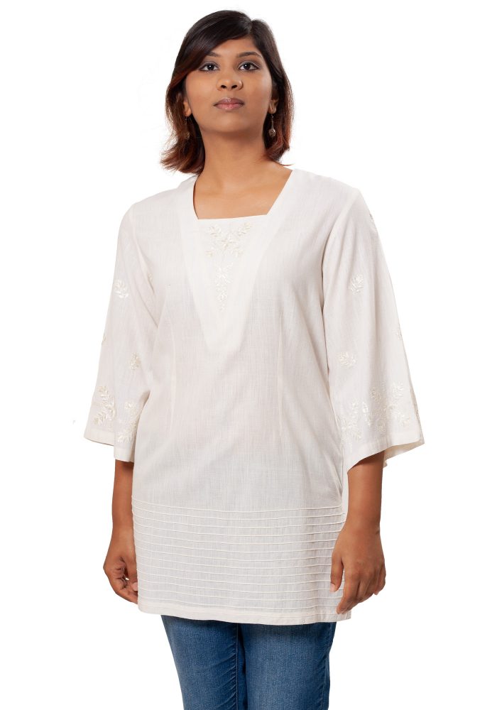 MINC Embroidered Tunic in Ivory Khadi Cotton