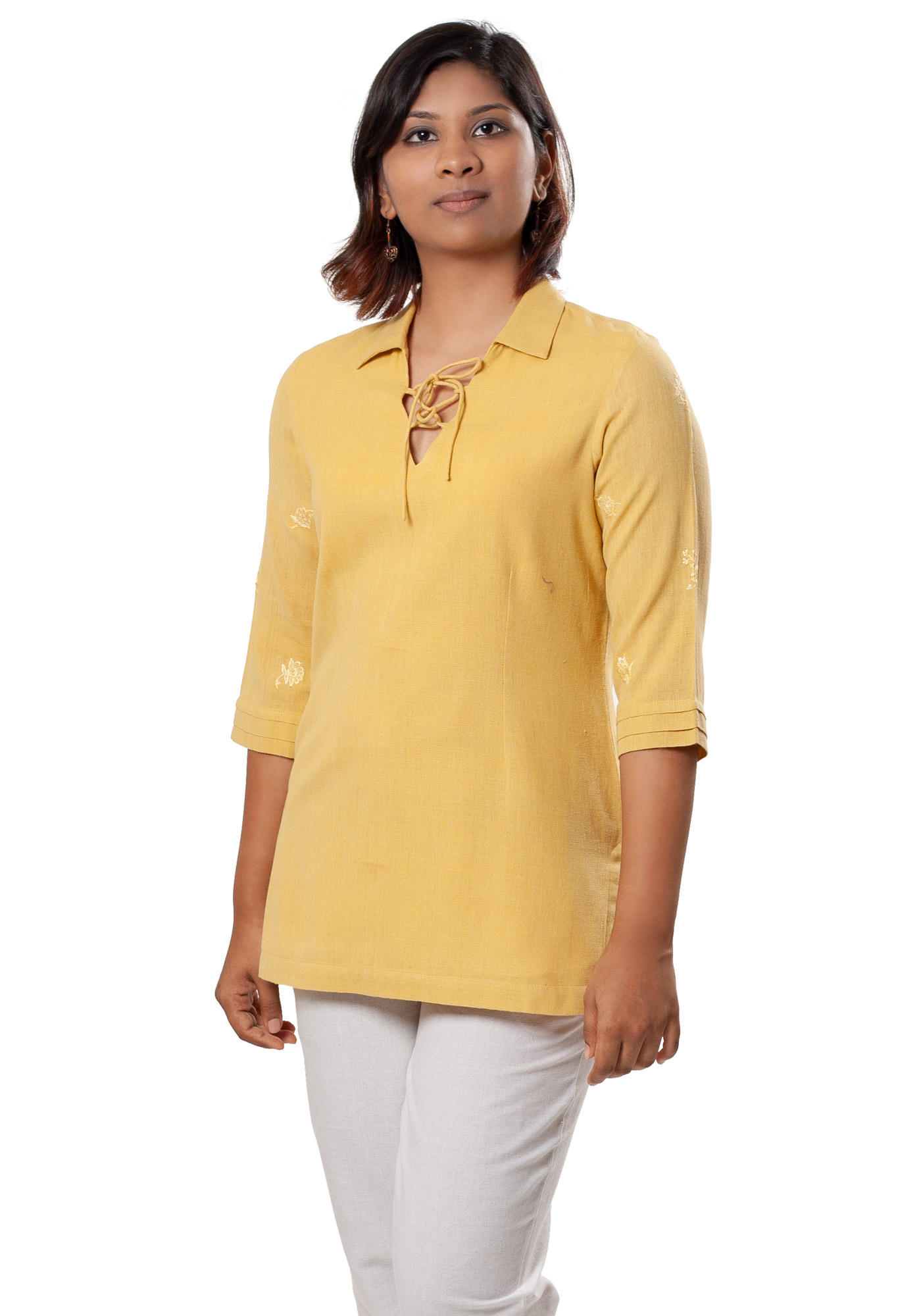 MINC V Neck Kurti in Mustard Yellow Khadi Cotton