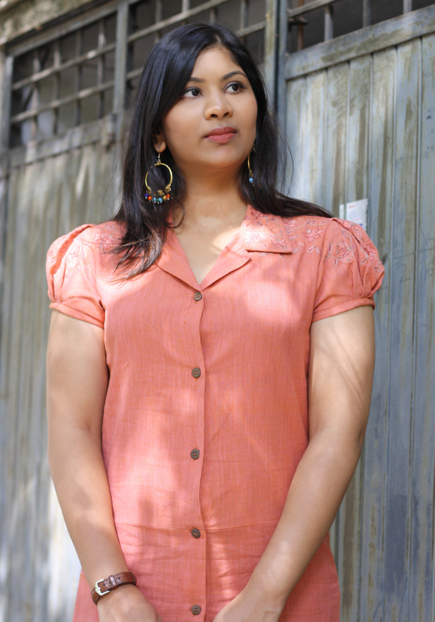 MINC eco fashion Embroidered Dress in Orange Khadi Cotton