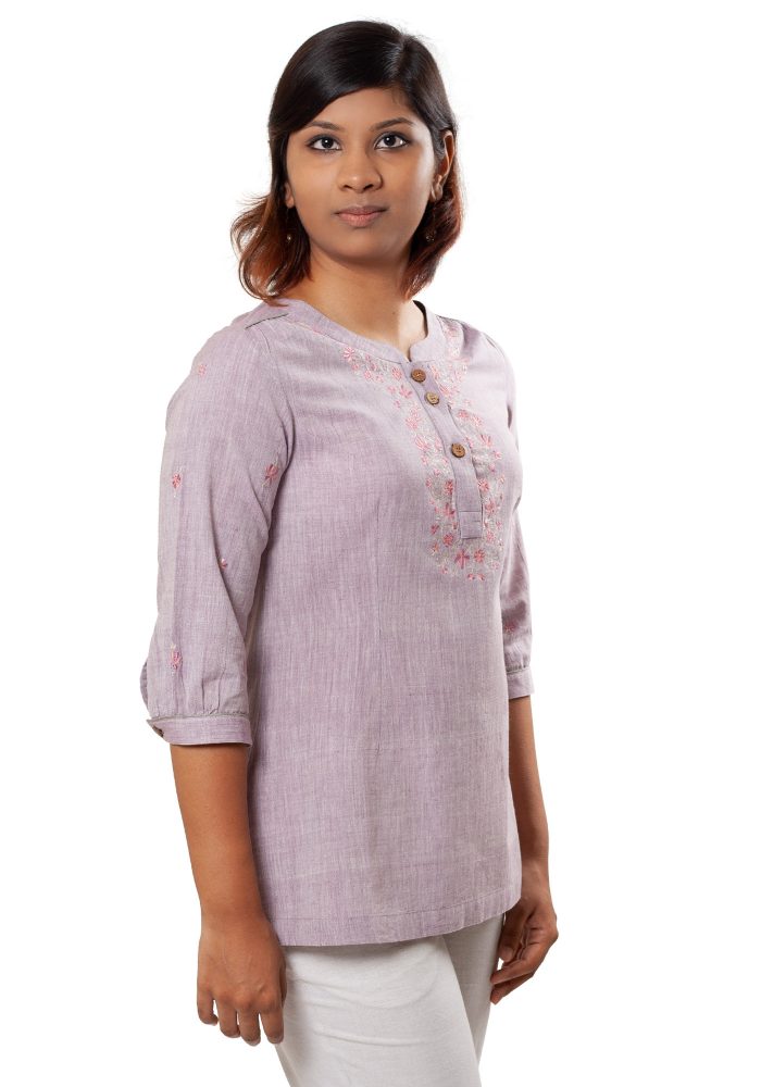 MINC eco friendly couture Classic Embroidered Khadi Cotton Top in Lilac