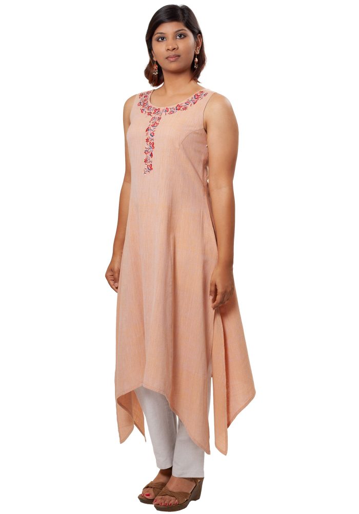 MINC eco friendly fashion Embroidered Sleeveless Kurti in Beige Khadi Cotton
