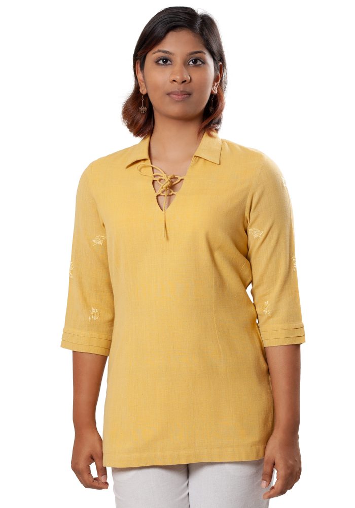 MINC womens high fashion V Neck Kurti in Mustard Yellow Khadi Cotton