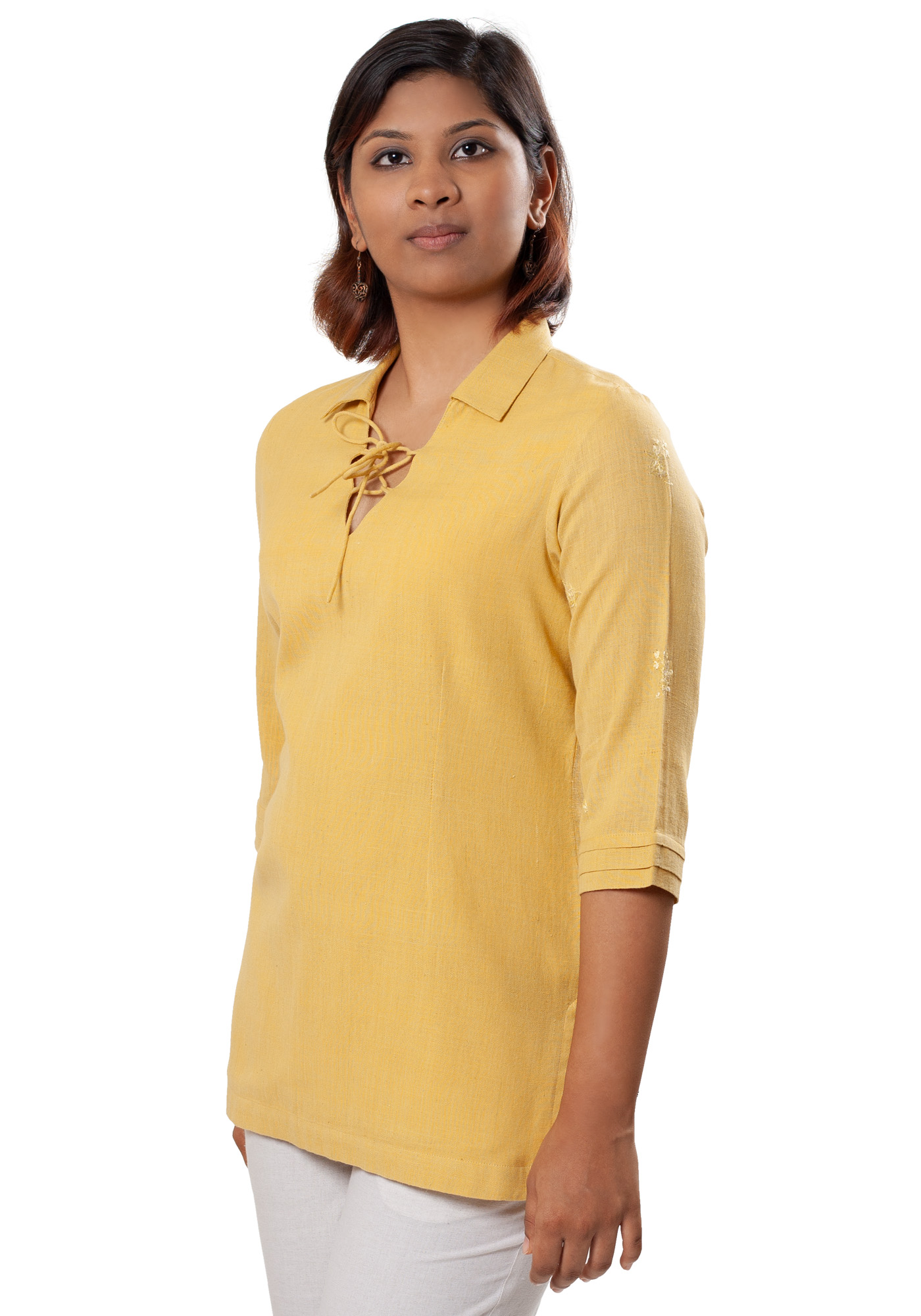 MINC ecofriendly womens couture V Neck Kurti in Mustard Yellow Khadi Cotton