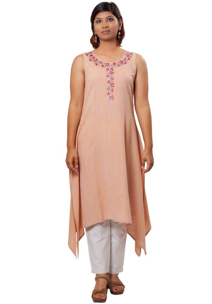 MINC smart casuals Embroidered Sleeveless Kurti in Beige Khadi Cotton