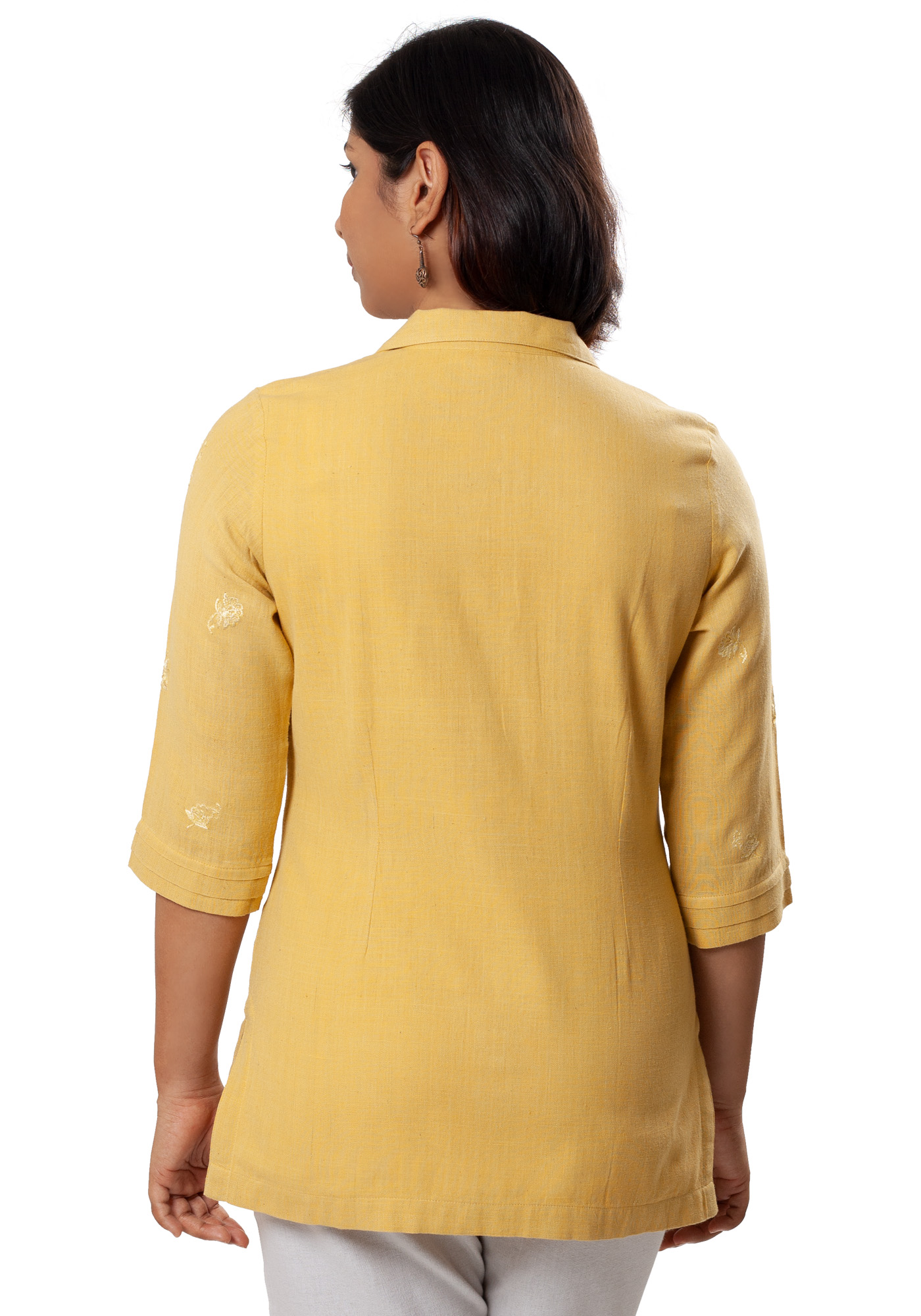 MINC womens high fashion V Neck Kurti in Mustard Yellow Khadi Cotton